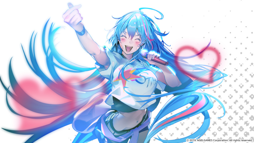 1girl blue_hair blush breasts closed_eyes clothes_around_waist cropped_shirt fang fang_out heart hero_cantare holding holding_microphone jacket jacket_around_waist leenim long_hair microphone multicolored_hair official_art open_mouth pink_hair rockcrawler shirt short_shorts shorts smile solo teeth very_long_hair white_shirt wristband