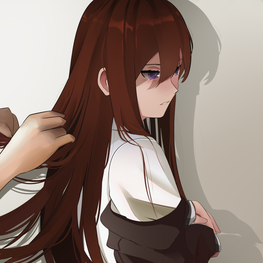 1girl absurdres bangs brown_hair grey_background hair_between_eyes highres holeecrab long_hair long_sleeves makise_kurisu parted_lips shadow shiny shiny_hair shirt solo_focus steins;gate straight_hair upper_body very_long_hair violet_eyes white_shirt