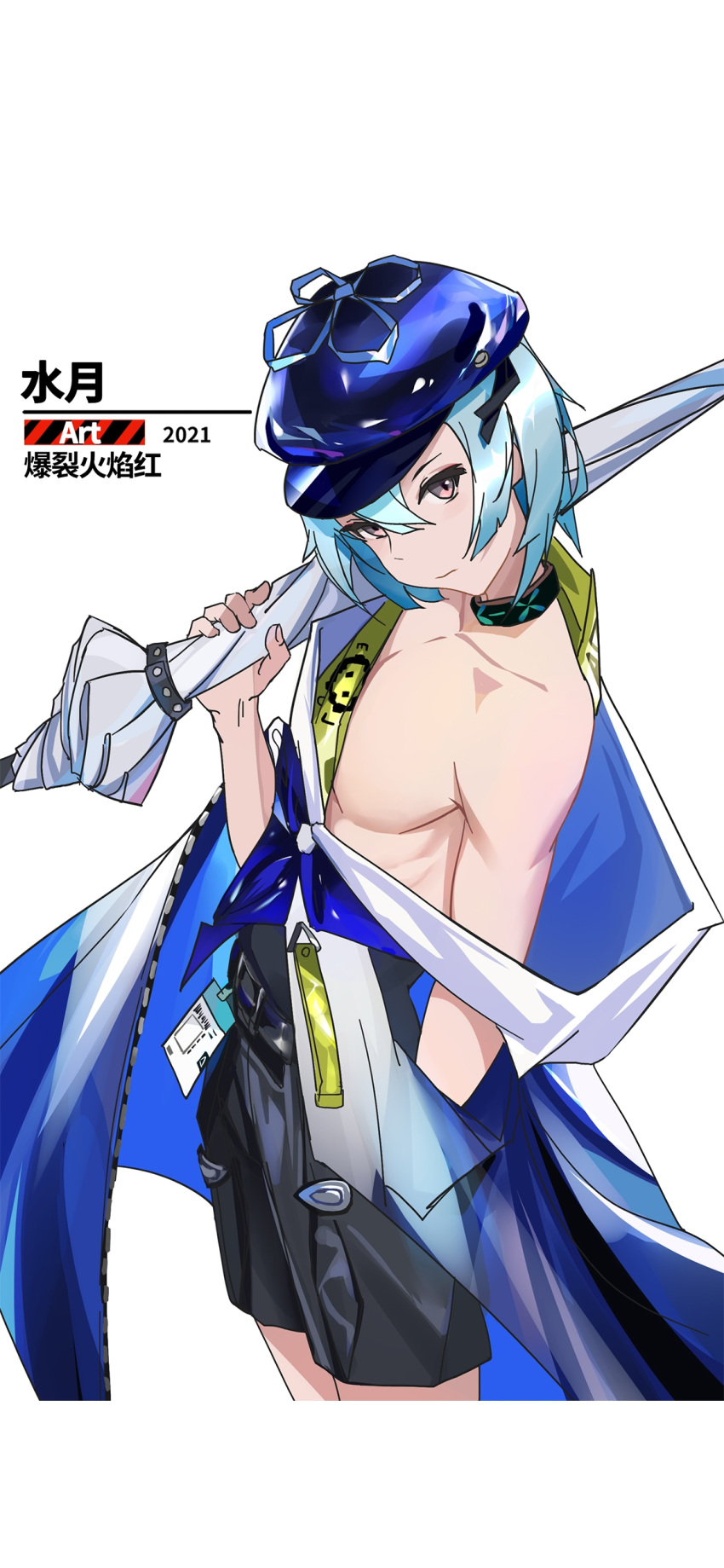1boy absurdres arknights baoliehuo_yanhong black_shorts blue_hair blue_headwear blue_jacket chinese_text closed_mouth collarbone commentary_request cowboy_shot hat highres holding holding_umbrella infection_monitor_(arknights) jacket looking_at_viewer male_focus mizuki_(arknights) pectorals short_hair shorts simple_background single_bare_shoulder solo translation_request umbrella white_background white_umbrella
