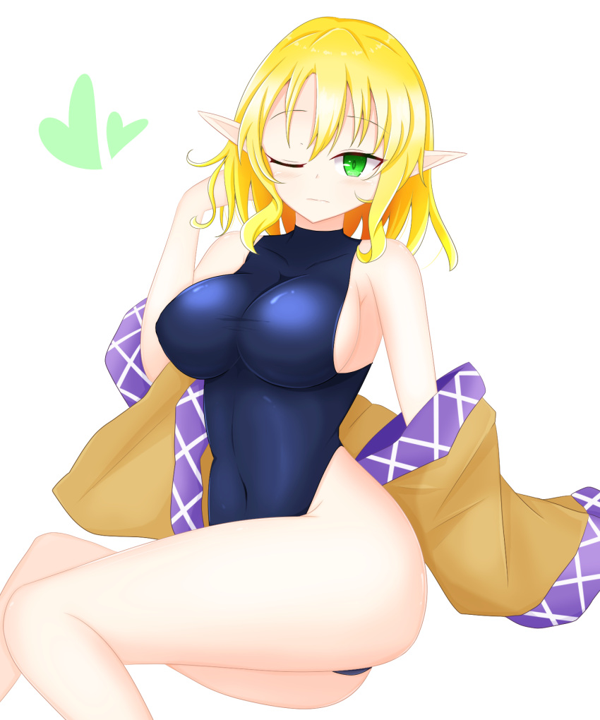 bangs blonde_hair breasts brown_jacket clothes_removed green_eyes heart highres jacket medium_breasts mizuhashi_parsee multicolored multicolored_clothes multicolored_jacket navel one-piece_swimsuit one_eye_closed pointy_ears short_hair shunki simple_background swimsuit thick_thighs thighs touhou white_background