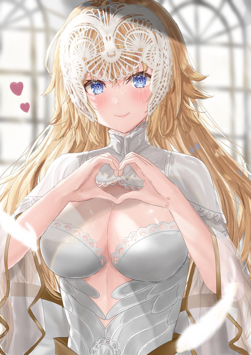 1girl absurdres bangs blonde_hair blue_eyes breasts center_opening dress fate/apocrypha fate/grand_order fate_(series) headpiece heart heart_hands highres jeanne_d'arc_(fate) jeanne_d'arc_(fate)_(all) large_breasts long_hair long_sleeves looking_at_viewer lostroom_outfit_(fate) sakurasakimasu4 smile solo very_long_hair white_dress