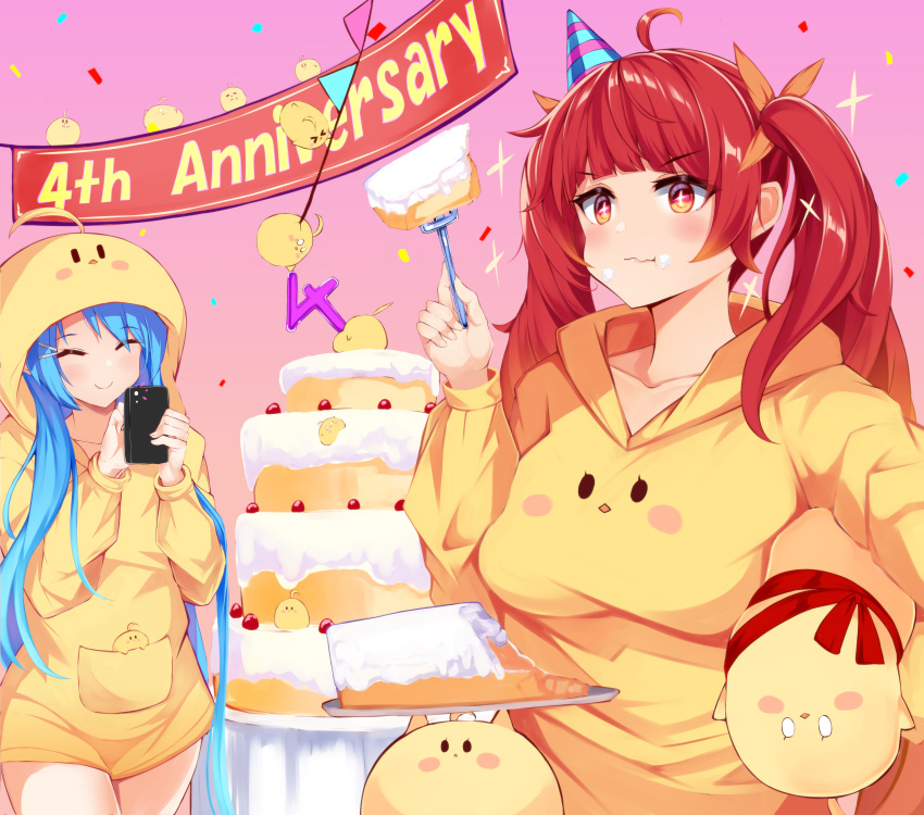 &gt;_&lt; 2girls absurdres ahoge anniversary azur_lane bangs blue_hair blunt_bangs blush blush_stickers breasts cake cake_slice carrying_under_arm cellphone closed_eyes closed_mouth collarbone creature eating eyebrows_visible_through_hair food food_on_face fork hair_ornament hair_ribbon hairclip hat helena_(azur_lane) highres holding holding_fork holding_phone holding_plate honolulu_(azur_lane) hood hood_down hood_up hoodie irohara large_breasts long_hair manjuu_(azur_lane) multiple_girls orange_ribbon party_hat pennant phone pink_background plate red_eyes redhead ribbon simple_background smartphone smile sparkling_eyes taking_picture twintails v-shaped_eyebrows very_long_hair wavy_mouth yellow_hoodie