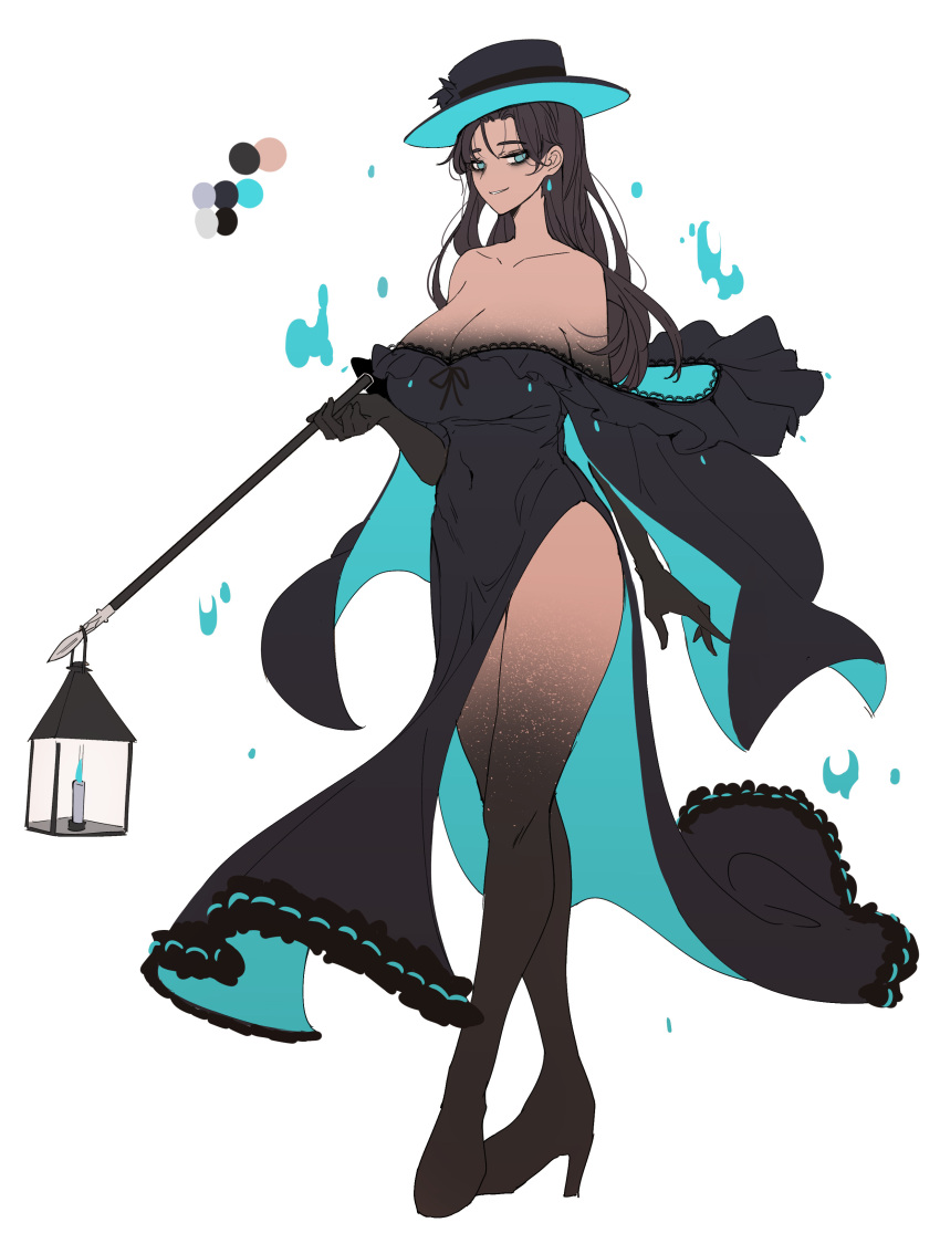 1girl absurdres at2. black_dress black_gloves blue_eyes breasts brown_hair candle collarbone commentary covered_navel dark-skinned_female dark_skin dress earrings elbow_gloves english_commentary fire frilled_dress frills full_body gloves hat high_heels highres holding holding_polearm holding_spear holding_weapon jewelry la_serena_de_la_noche_(merryweather) lace-trimmed_dress lace_trim lamp large_breasts long_hair merryweather open_mouth original polearm simple_background smile solo spear standing strap weapon white_background