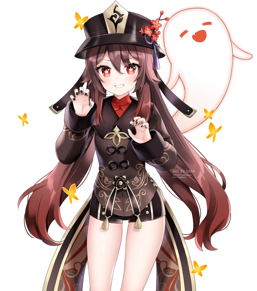 1girl black_headwear black_nails black_shorts brown_hair brown_shirt claw_pose cowboy_shot flower genshin_impact ghost gold_trim gradient_hair grin hat hat_flower highres hu_tao_(genshin_impact) long_hair looking_at_viewer multicolored_hair nail_polish nami_(nyaa) plum_blossoms red_eyes shirt short_shorts shorts simple_background smile solo star-shaped_pupils star_(symbol) symbol-shaped_pupils tailcoat thighs twintails very_long_hair white_background