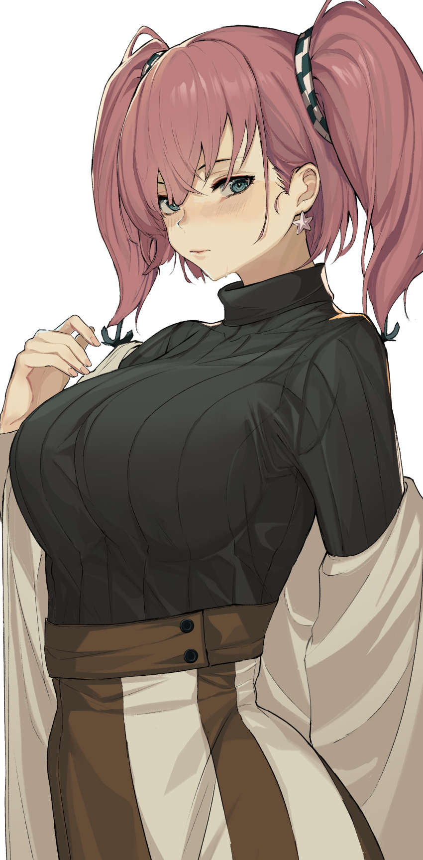 1girl absurdres anchor_hair_ornament atlanta_(kancolle) bangs black_sweater blue_eyes blush breasts closed_mouth coat commentary earrings hair_between_eyes hair_ornament highres jewelry kantai_collection large_breasts long_sleeves looking_at_viewer official_alternate_costume open_clothes open_coat oweee pink_hair ribbed_sweater simple_background single_earring skirt solo star_(symbol) star_earrings sweater turtleneck turtleneck_sweater two_side_up upper_body white_background