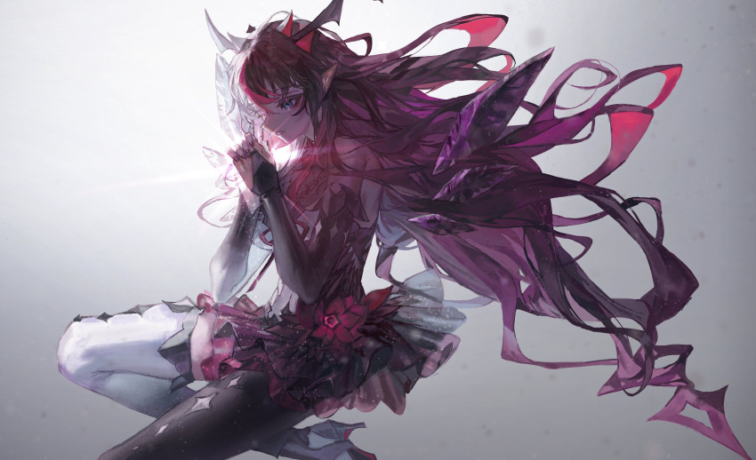 1girl backlighting bangs blue_eyes breasts detached_sleeves grey_background halter_top halterneck heterochromia highres hololive hololive_english irys_(hololive) long_hair medium_breasts purple_hair purple_skirt quasarcake single_legging single_thighhigh sitting skirt solo thigh-highs violet_eyes virtual_youtuber