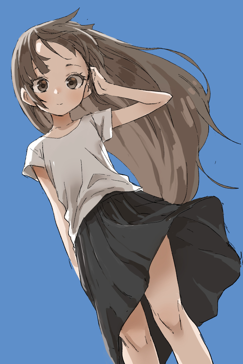 1girl black_skirt blue_background brown_eyes brown_hair closed_mouth commentary_request copyright_request highres long_hair looking_at_viewer shirt short_sleeves simple_background skirt smile solo standing t-shirt white_shirt wind yamamoto_souichirou