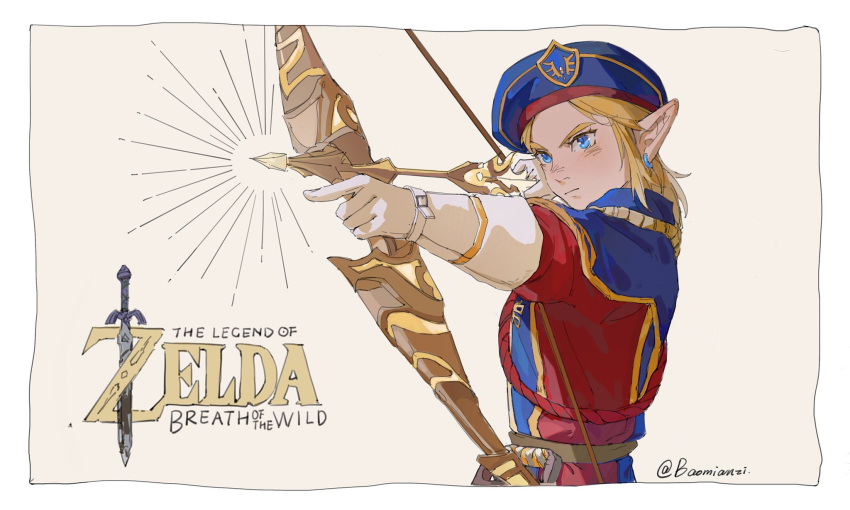 1boy aiming arrow_(projectile) artist_name bangs baomianzi blonde_hair blue_eyes blue_headwear blue_shirt blush border bow_(weapon) copyright_name earrings gloves grey_background hat highres holding holding_weapon jewelry link pointy_ears red_shirt royal_guard_set_(zelda) shirt solo the_legend_of_zelda the_legend_of_zelda:_breath_of_the_wild upper_body weapon white_border white_gloves