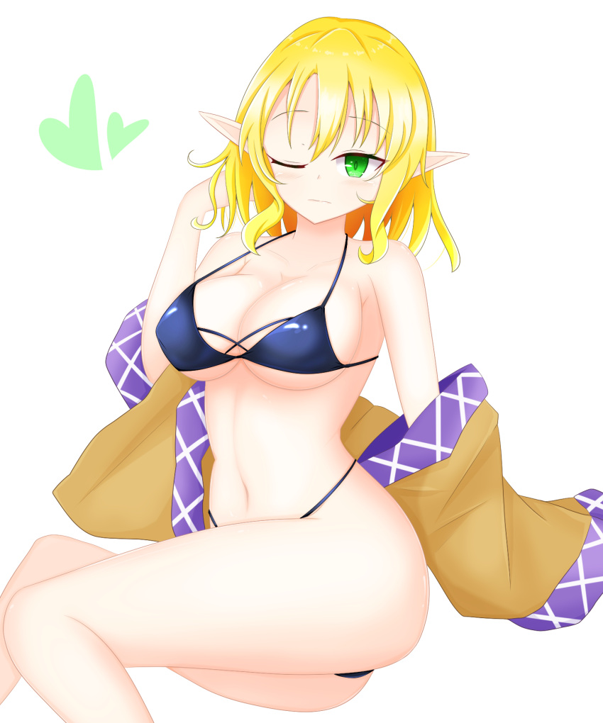 bangs bikini black_bikini blonde_hair breasts brown_jacket clothes_removed green_eyes heart highres jacket medium_breasts mizuhashi_parsee multicolored multicolored_clothes multicolored_jacket navel one_eye_closed pointy_ears short_hair shunki simple_background swimsuit thick_thighs thighs touhou white_background