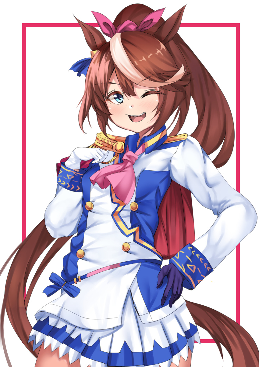 1girl ;d absurdres animal_ears ascot asymmetrical_gloves bangs blue_eyes blue_gloves blush brown_hair commentary_request epaulettes eyebrows_visible_through_hair gloves hair_between_eyes hair_ribbon hand_on_hip hand_up high_ponytail highres horse_ears horse_girl horse_tail jacket long_hair mismatched_gloves multicolored_hair one_eye_closed open_mouth pink_neckwear pink_ribbon pleated_skirt ponytail ribbon setu_(shining12) single_epaulette skirt smile solo streaked_hair tail tokai_teio_(umamusume) umamusume upper_teeth v-shaped_eyebrows very_long_hair white_background white_gloves white_hair white_jacket white_skirt