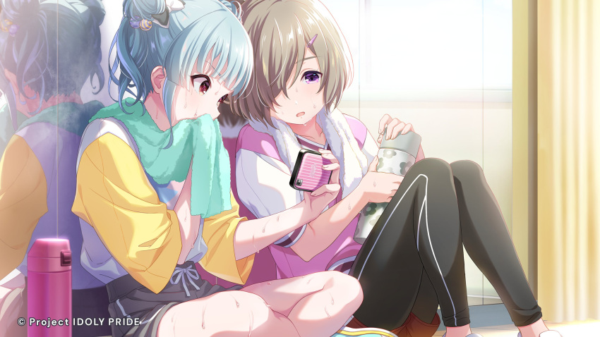 2girls bangs blue_hair bottle brown_hair cygames eyebrows_visible_through_hair green_towel highres holding holding_phone hyodou_shizuku idoly_pride indoors knees_up looking_at_phone messy_hair mirror multiple_girls official_art open_mouth orange_eyes pants phone reflection shiraishi_chisa short_sleeves shorts sitting sweat thermos towel violet_eyes water_bottle white_towel wiping_face wiping_sweat yoga_pants