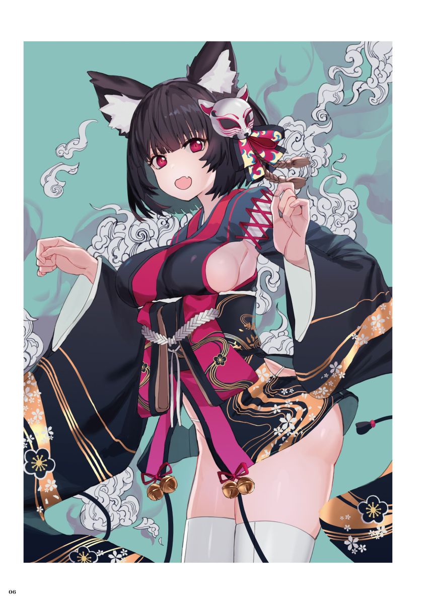 1girl :d absurdres azur_lane bangs black_hair black_kimono breasts clouds commentary_request fang fox_mask hair_ornament highres japanese_clothes kimono large_breasts looking_at_viewer luicent mask mask_on_head open_mouth short_hair short_kimono sideboob smile solo thigh-highs thighs violet_eyes white_legwear wide_sleeves yamashiro_(azur_lane)