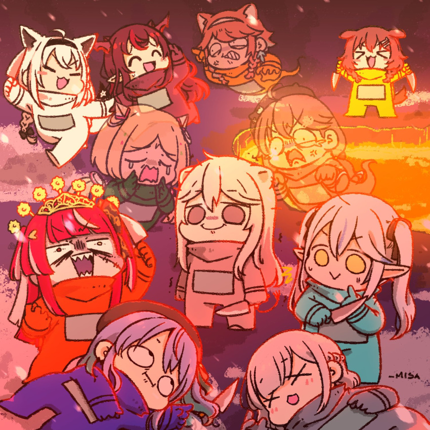 &gt;o&lt; 6+girls :&gt; :i ahoge aki_rosenthal among_us anger_vein angry animal_ears artist_name bangs beret black_headwear blonde_hair blunt_bangs blush blush_stickers bone_hair_ornament braid brown_hair cat_ears clenched_teeth closed_eyes closed_mouth commentary cosplay crazy_smile crewmate_(among_us) crewmate_(among_us)_(cosplay) crying death demon_horns detached_hair dual_wielding eyebrows_visible_through_hair feathers fox_ears fox_tail french_braid furrowed_brow ghost hair_between_eyes hair_ornament hairband hat highres holding holding_knife hololive hololive_english horns hoshimachi_suisei inugami_korone irys_(hololive) kemonomimi_mode kitchen_knife knife kureiji_ollie light_blue_hair lion_ears lion_tail long_hair looking_down looking_up lying medium_hair molten_rock multicolored_hair multiple_girls on_back open_mouth orange_hair outdoors parody patchwork_skin pointy_ears purple_hair redhead reverse_grip rolling_eyes sakura_miko sanpaku sharp_teeth shirakami_fubuki shirogane_noel shishiro_botan short_hair shouting signature silver_hair smile smirk snowing stitches streaked_hair sweatdrop tail takanashi_kiara teeth trembling twin_braids two-tone_hair v-shaped_eyebrows virtual_youtuber wakatsuki_misato wide-eyed x_x yellow_eyes yukihana_lamy