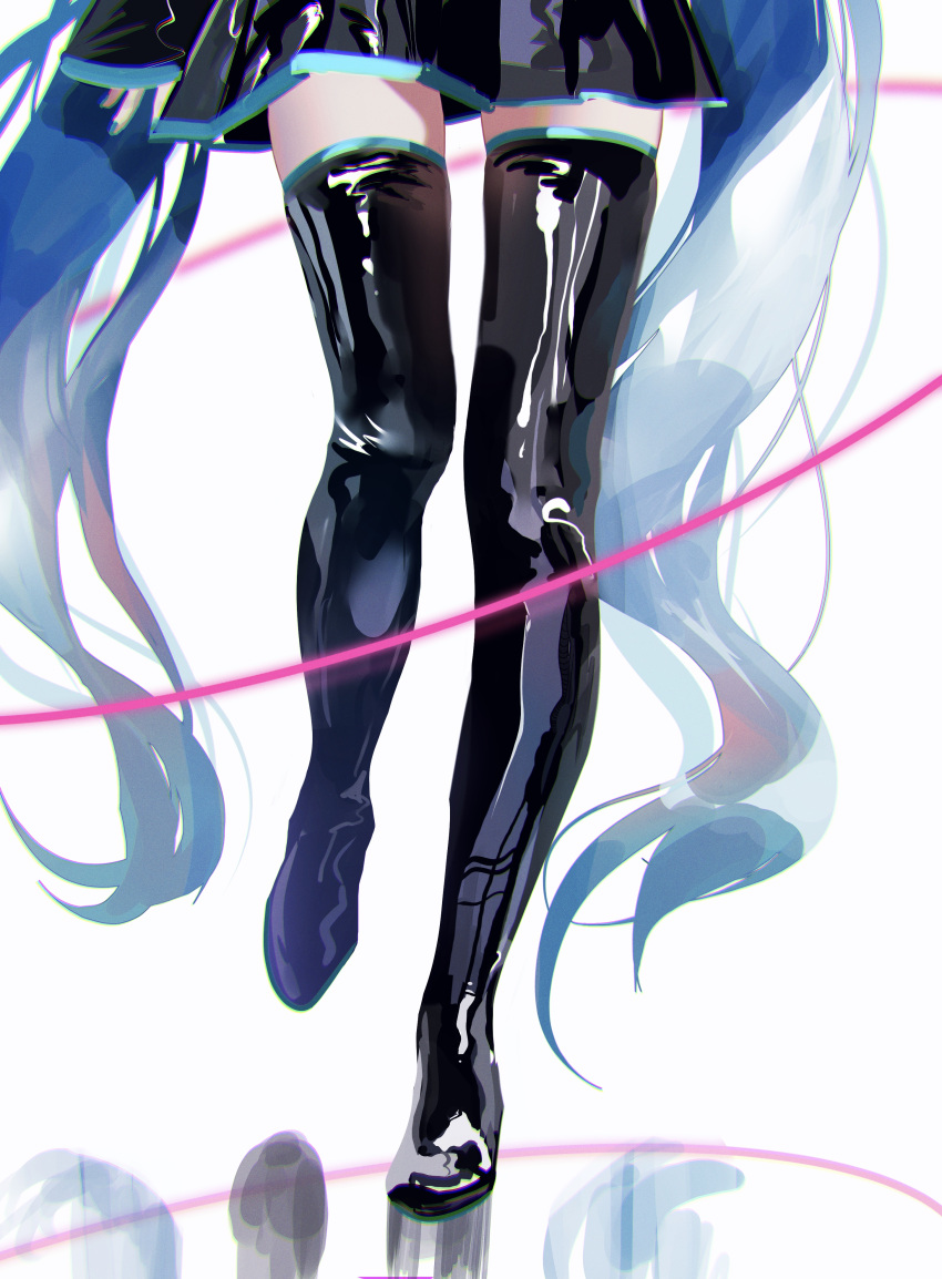 1girl absurdres aqua_hair black_legwear black_skirt boots commentary hatsune_miku highres kikinoki legs long_hair lower_body miniskirt pleated_skirt reflection shiny shiny_clothes skindentation skirt solo standing thigh-highs thigh_boots twintails very_long_hair vocaloid white_background zettai_ryouiki
