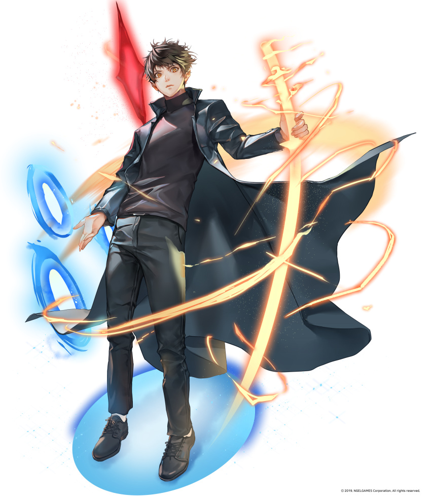 1boy black_coat black_footwear black_hair black_pants black_shirt brown_eyes coat crystal energy_sword highres holding holding_sword holding_weapon leenim long_coat looking_at_viewer lord_of_dice magic male_focus official_art open_clothes open_coat pants shirt shoes short_hair solo sword tower_of_god twenty-fifth_bam weapon white_background