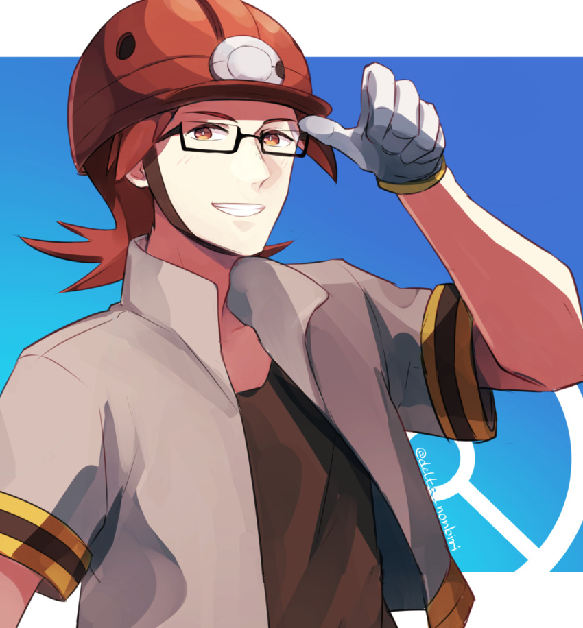 1boy black-framed_eyewear blush brown_eyes brown_shirt commentary_request delta_nonbiri glasses gloves grey_jacket grin hand_up helmet highres jacket looking_at_viewer male_focus pokemon pokemon_(game) pokemon_dppt red_headwear redhead roark_(pokemon) shirt short_sleeves smile solo teeth upper_body white_gloves