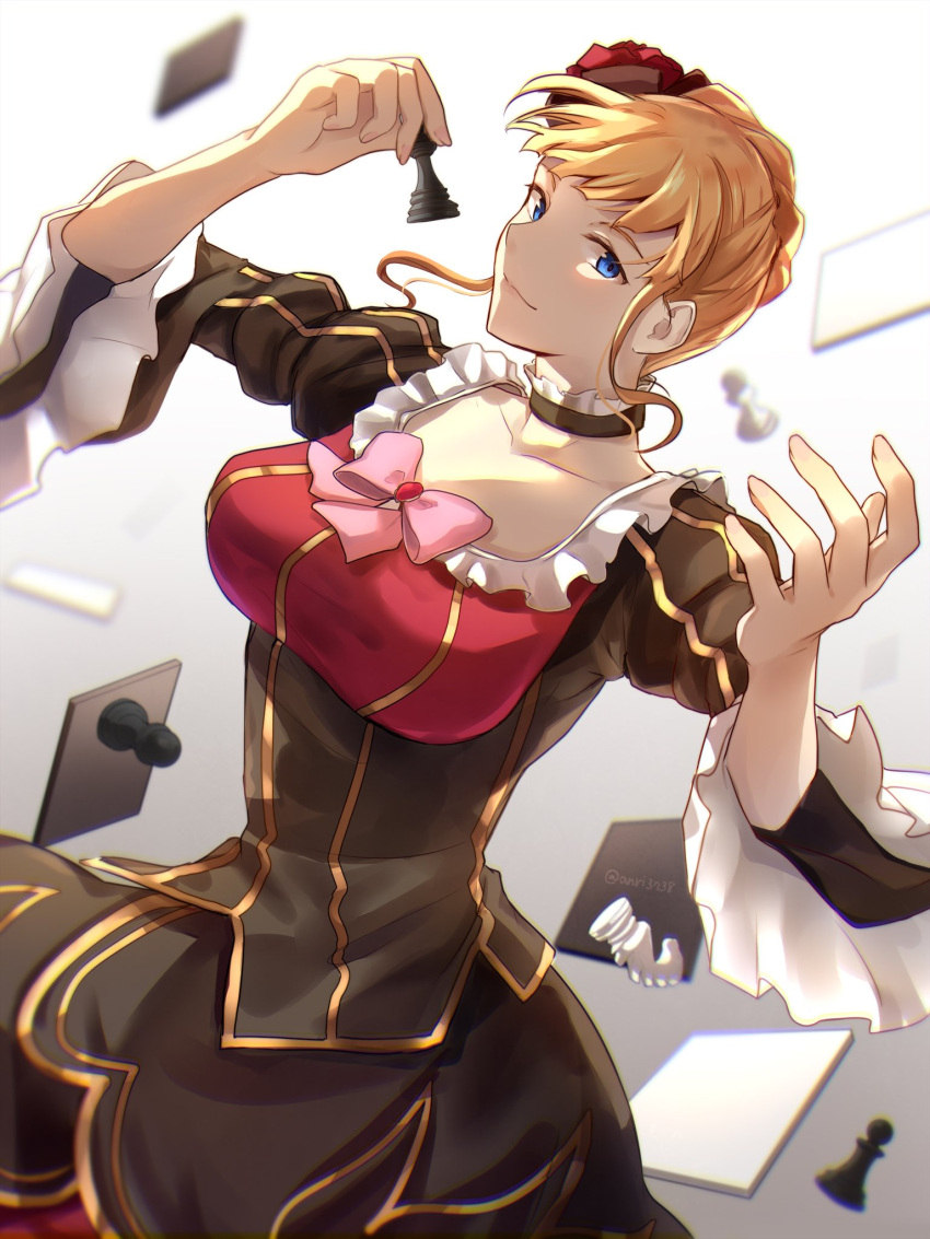 1girl anri_mike beatrice_(umineko) blonde_hair blue_eyes bow braid braided_bun brown_dress chess_piece choker dress flower frilled_choker frilled_dress frills hair_flower hair_ornament highres juliet_sleeves long_sleeves puffy_sleeves solo striped umineko_no_naku_koro_ni vertical_stripes