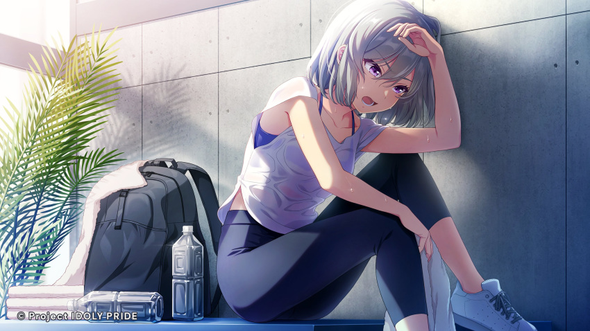 1girl backlighting backpack bag bottle bra_strap collarbone cygames hand_on_own_head highres idoly_pride kanzaki_rio knees_up looking_down official_art open_mouth pants plant shiny shiny_hair shoes silver_hair sitting sleeveless sports_bra sweat sweaty_clothes tired towel violet_eyes water_bottle window