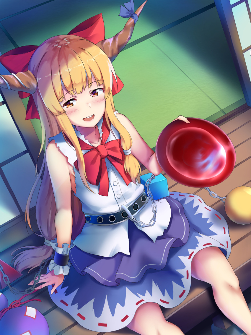 1girl bare_shoulders blue_skirt blush brown_eyes buttons chain collarbone cup eyebrows_visible_through_hair highres holding horns ibuki_suika long_hair nagomian oni_horns open_mouth orange_hair sakazuki shirt sitting skirt smile solo tatami touhou white_shirt wrist_cuffs