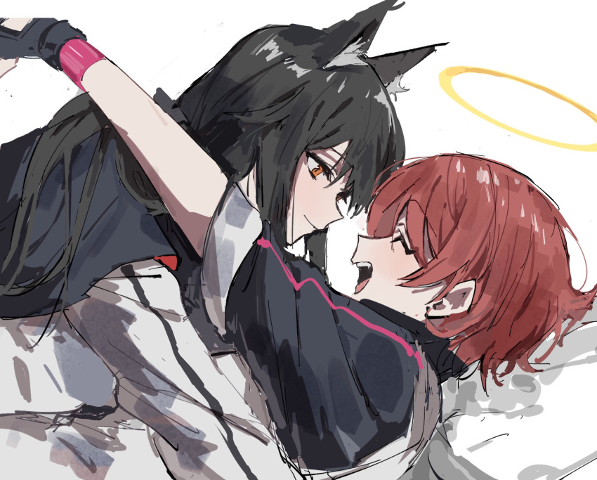 2girls animal_ears arknights black_gloves black_hair blush brown_eyes closed_eyes commentary_request exusiai_(arknights) face-to-face facing_another from_side gloves halo highres long_hair looking_at_another multiple_girls na_tarapisu153 open_mouth redhead short_hair smile texas_(arknights) upper_body white_background wolf_ears yuri