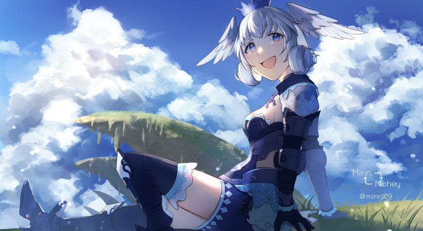 1girl blue_eyes braid breasts crown_braid curly_hair dress gloves head_wings highres juliet_sleeves long_hair long_sleeves looking_at_viewer medium_breasts melia_antiqua mirin. puffy_sleeves short_dress silver_hair simple_background smile solo staff thigh-highs xenoblade_chronicles xenoblade_chronicles_(series)