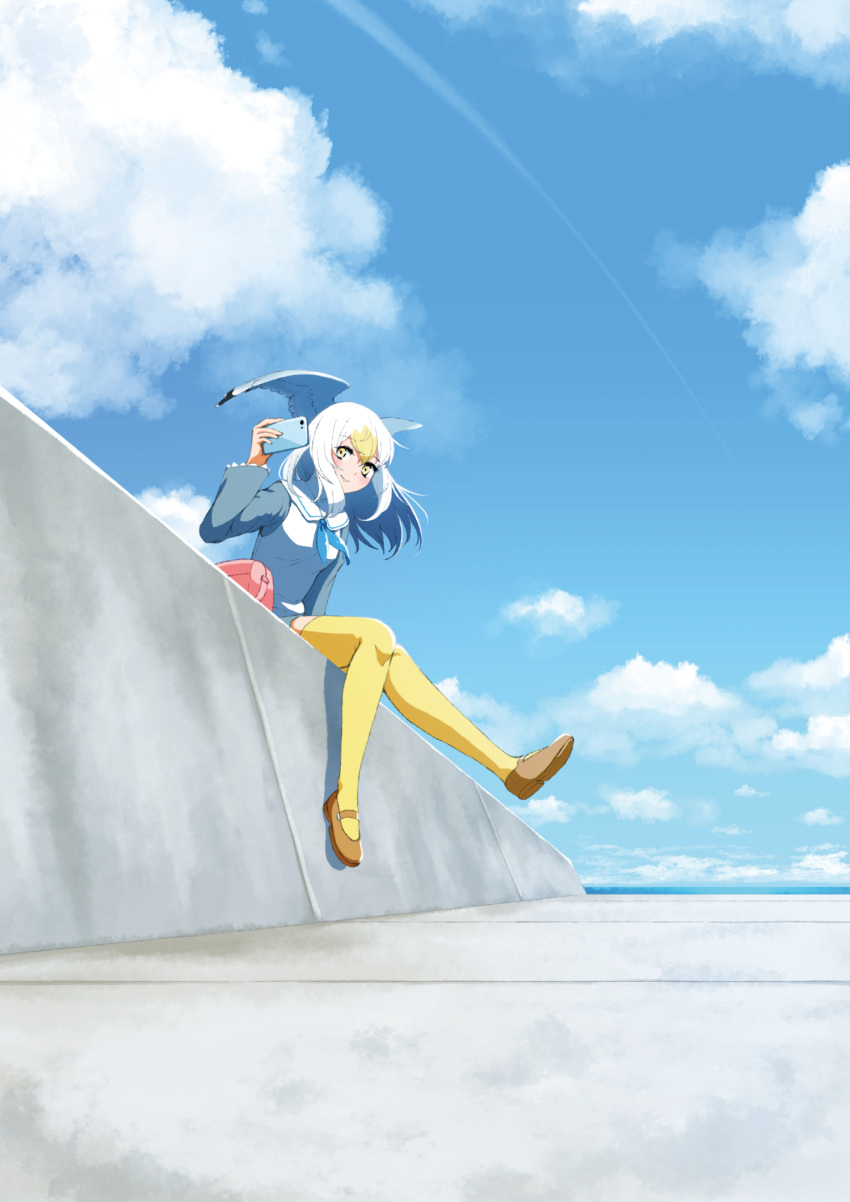 1girl bag bangs bird_wings blonde_hair blue_sky brown_footwear cellphone clouds commentary_request common_gull_(kemono_friends) condensation_trail day head_wings highres kemono_friends long_hair long_sleeves looking_at_viewer multicolored_hair outdoors phone shoes sitting sky smartphone smile solo stylecase thigh-highs two-tone_hair white_hair wings yellow_eyes yellow_legwear