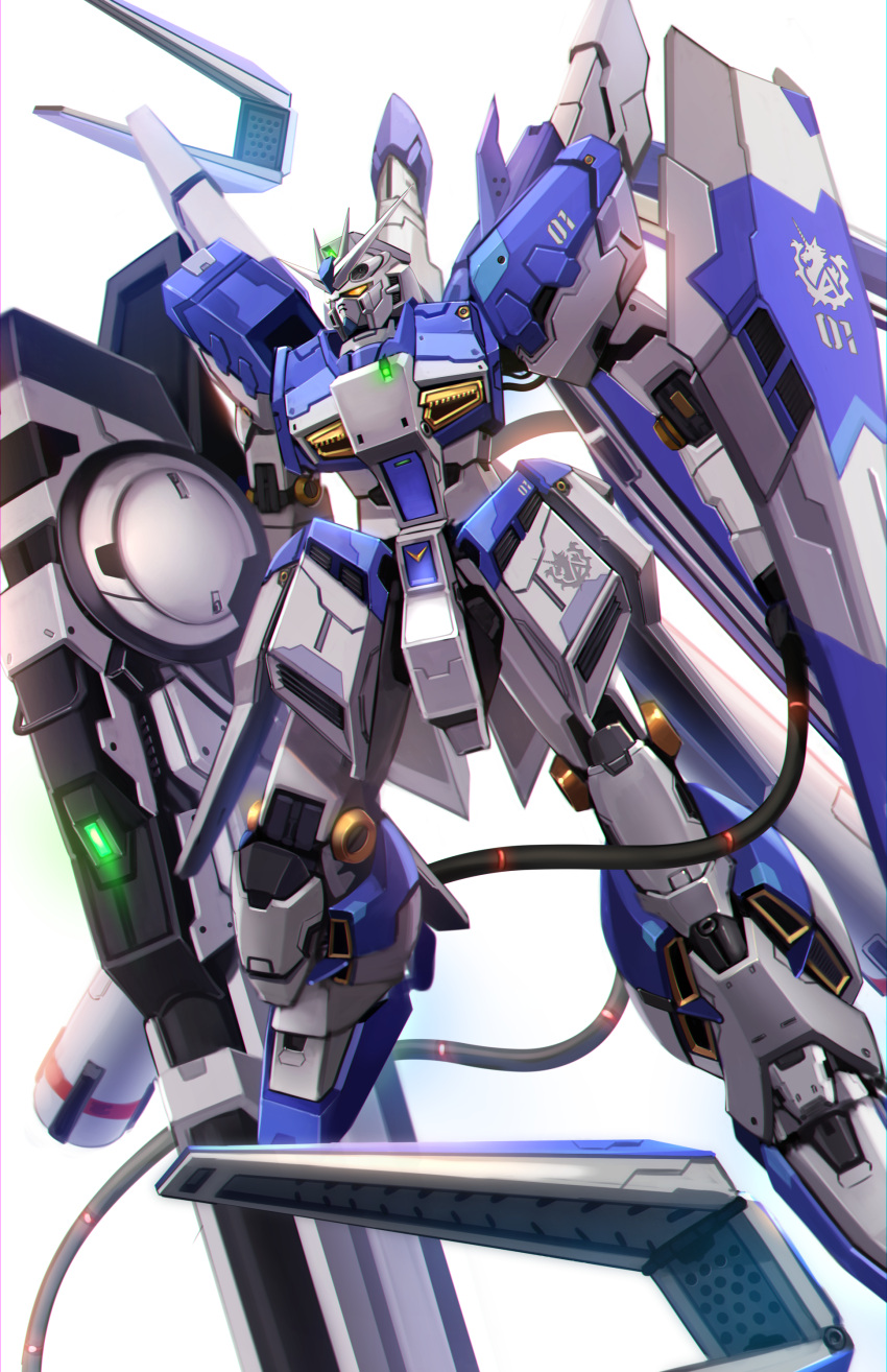 absurdres beam_cannon cable char's_counterattack char's_counterattack_-_beltorchika's_children commentary energy_cannon energy_gun fin_funnels funnels gundam hi-nu_gundam highres kenko_(a143016) mecha mobile_suit no_humans science_fiction shield solo v-fin weapon white_background yellow_eyes
