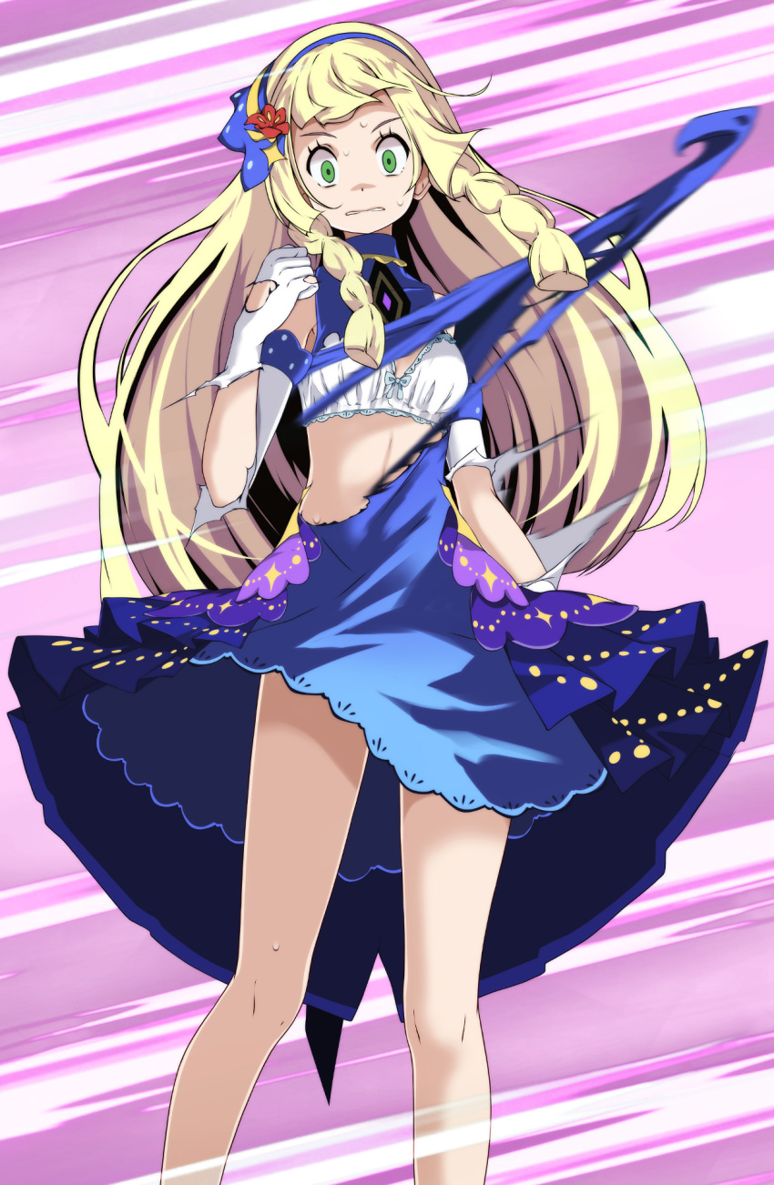 1girl blonde_hair blue_dress blue_hairband bra breasts clenched_teeth dress floating_hair flower gloves green_eyes hair_flower hair_ornament hairband highres lillie_(pokemon) long_hair pokemon pokemon_(game) pokemon_masters_ex pokemon_sm purple_background red_flower scared small_breasts solo standing sweatdrop tearing_up teeth torn_clothes torn_dress torn_gloves tsukishiro_saika underwear very_long_hair white_bra white_gloves