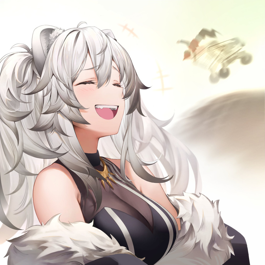 1girl :d ^_^ animal_ears breasts character_request closed_eyes commentary_request highres hololive large_breasts lion_ears lion_girl long_hair open_mouth shishamo_(masato_k) shishiro_botan smile solo upper_body virtual_youtuber white_hair