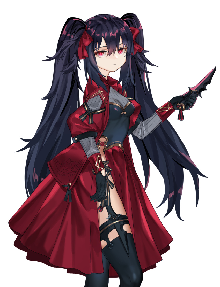 1girl black_gloves black_hair black_legwear breasts closed_mouth cowboy_shot dagger dress gloves hair_between_eyes hair_ribbon highres holding holding_dagger holding_weapon knife long_hair long_sleeves looking_at_viewer luicent original red_dress red_eyes red_ribbon ribbon sanpaku simple_background small_breasts solo standing thigh-highs twintails very_long_hair weapon white_background