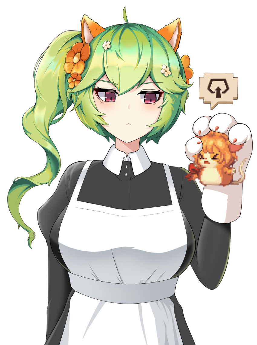 2girls :&lt; absurdres ahoge animal_ears animal_hands apron bails bangs cat_paws crossed_bangs eight-tailed_fox_nari expressionless eyebrows_visible_through_hair fake_animal_ears flower green_hair guardian_tales hair_flower hair_ornament highres holding looking_at_another maid maid_apron mayreel_(guardian_tales) multiple_girls official_alternate_costume pink_eyes pixel_art ponytail upper_body white_background