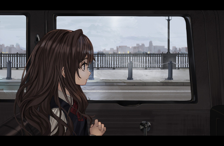 1girl black_vest blue_eyes brown_hair car_interior closed_mouth clouds cloudy_sky elisia_valfelto from_side grey_sky guard_rail hair_intakes hands_clasped highres lamppost long_hair long_sleeves luicent neck_ribbon original own_hands_together profile railing red_neckwear red_ribbon ribbon school_uniform shirt sky solo symbol-only_commentary vest white_shirt