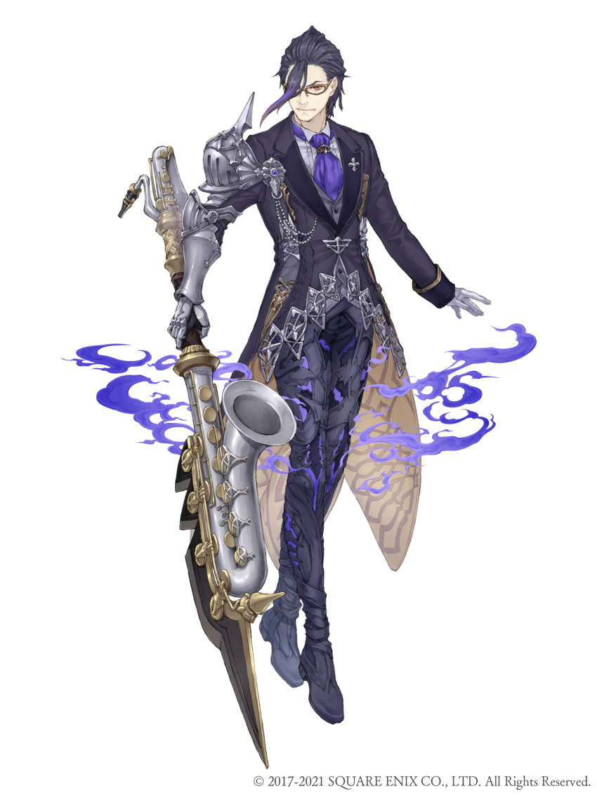 1boy absurdres ascot formal full_body gauntlets glasses gloves hair_slicked_back hameln_(sinoalice) highres holding holding_instrument holding_weapon instrument ji_no long_coat looking_at_viewer official_art purple_hair red_eyes saxophone silver_trim single_gauntlet single_glove sinoalice solo square_enix suit sword weapon white_background white_gloves