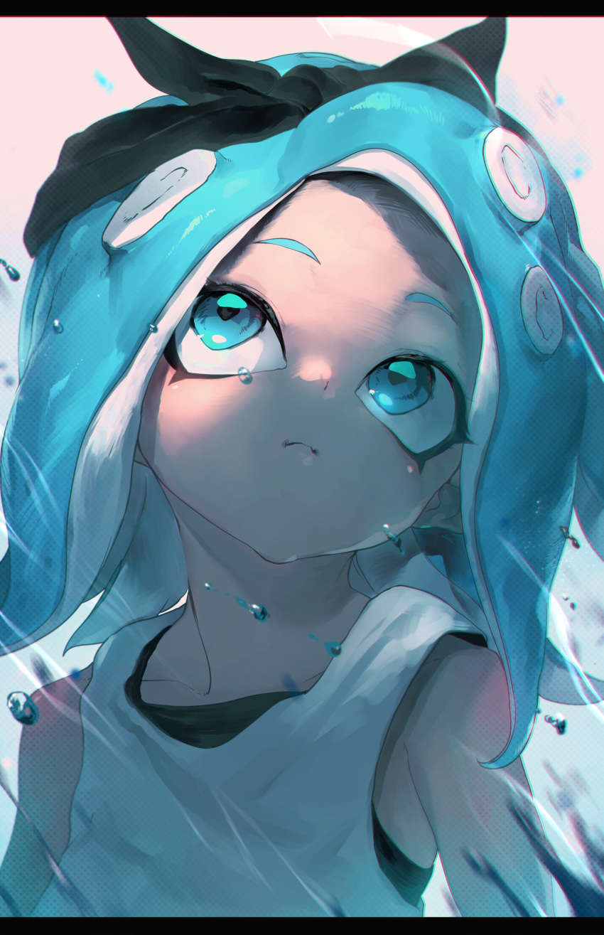 1girl absurdres blue_eyes blue_hair closed_mouth eyeshadow halftone highres letterboxed looking_up makeup niwarhythm octoling shirt solo splatoon_(series) suction_cups tentacle_hair upper_body upturned_eyes white_shirt