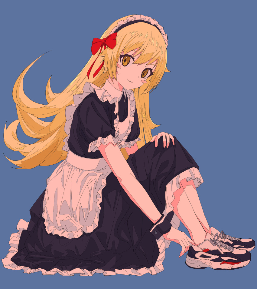 1girl :3 absurdres adjusting_clothes adjusting_shoe alternate_costume apron black_dress blonde_hair blush_stickers bow closed_mouth dress enmaided frilled_apron frilled_dress frilled_sleeves frills full_body hair_bow hand_on_own_knee highres huge_filesize knees_up long_hair looking_at_viewer maid maid_headdress monogatari_(series) oshino_shinobu red_bow shoes short_sleeves sneakers solo very_long_hair white_apron wrist_cuffs yellow_eyes yu_yin