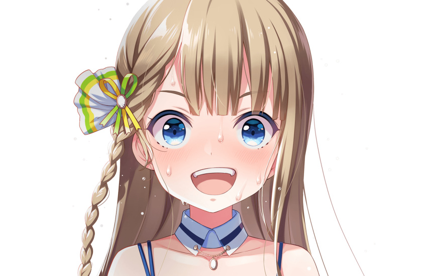 1girl bangs blonde_hair blue_eyes blush braid close-up collar collarbone cygames eyebrows_visible_through_hair face flying_sweatdrops hair_ornament hair_strand highres idoly_pride long_hair looking_ahead looking_at_viewer narumiya_suzu official_art open_mouth shoulders smile strap sweat teeth upper_teeth