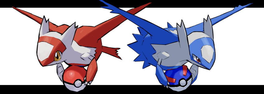 absurdres af_(afloatisland) claws closed_mouth gen_3_pokemon great_ball highres holding holding_poke_ball latias latios legendary_pokemon letterboxed no_humans poke_ball poke_ball_(basic) pokemon pokemon_(creature) red_eyes white_background yellow_eyes