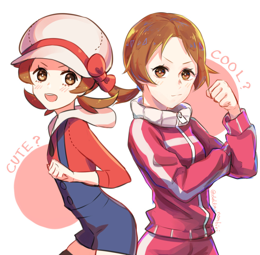 1girl :d blue_overalls blush bow brown_eyes brown_hair cabbie_hat clenched_hand closed_mouth commentary_request delta_nonbiri eyelashes hat hat_bow highres long_hair looking_at_viewer lyra_(pokemon) multiple_views open_mouth overalls pokemon pokemon_(game) pokemon_hgss red_bow red_shirt shirt smile tied_hair twintails upper_teeth white_headwear