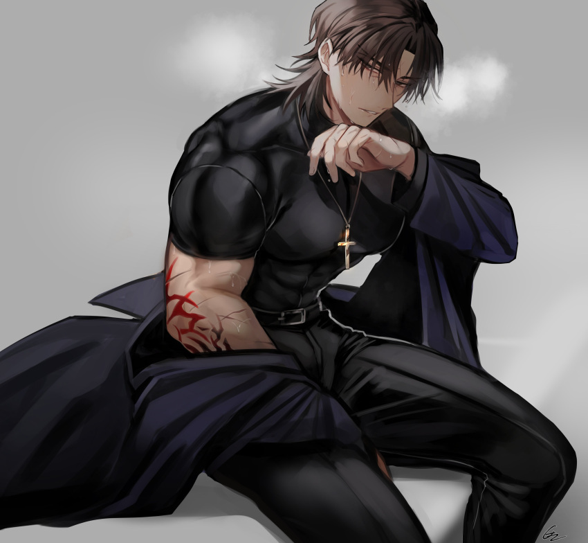 1boy absurdres black_pants black_shirt breath brown_hair coat command_spell covered_abs covered_navel cross cross_necklace fate/stay_night fate_(series) highres jewelry kotomine_kirei large_pectorals male_focus medium_hair muscular muscular_male necklace open_clothes open_coat pants pectorals priest rijjin shiny shiny_clothes shirt skin_tight solo taut_clothes taut_shirt