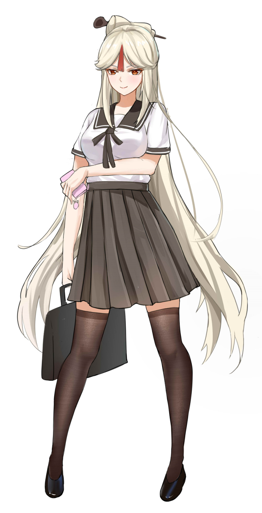 1girl alternate_costume bag black_footwear black_legwear blush commentary_request genshin_impact gerbone23 hair_ornament hair_stick highres holding holding_bag holding_phone long_hair looking_at_viewer ningguang_(genshin_impact) phone pleated_skirt red_eyes school_bag school_uniform shirt shoes short_sleeves silver_hair simple_background skirt smile solo tassel thigh-highs very_long_hair white_background white_shirt zettai_ryouiki