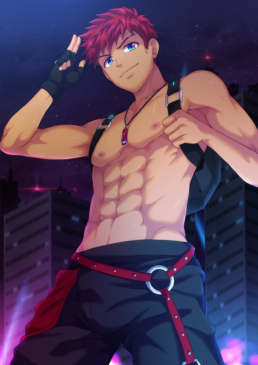 1boy abs absurdres backpack bag black_gloves black_pants blue_eyes camp_buddy closed_mouth fingerless_gloves gloves highres jewelry looking_at_viewer male_focus mikkoukun navel necklace night night_sky nipples outdoors pants redhead rex_(camp_buddy) shirtless short_hair single_glove sky smile solo toned toned_male