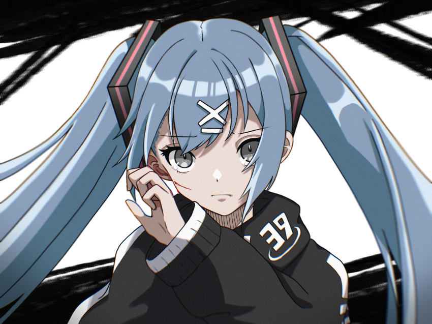 1girl bangs black_sweater blue_hair closed_mouth eyebrows_visible_through_hair floating_hair francium76 grey_eyes hair_between_eyes hair_ornament hatsune_miku highres long_hair long_sleeves looking_at_viewer shiny shiny_hair solo sweater twintails upper_body very_long_hair vocaloid x_hair_ornament