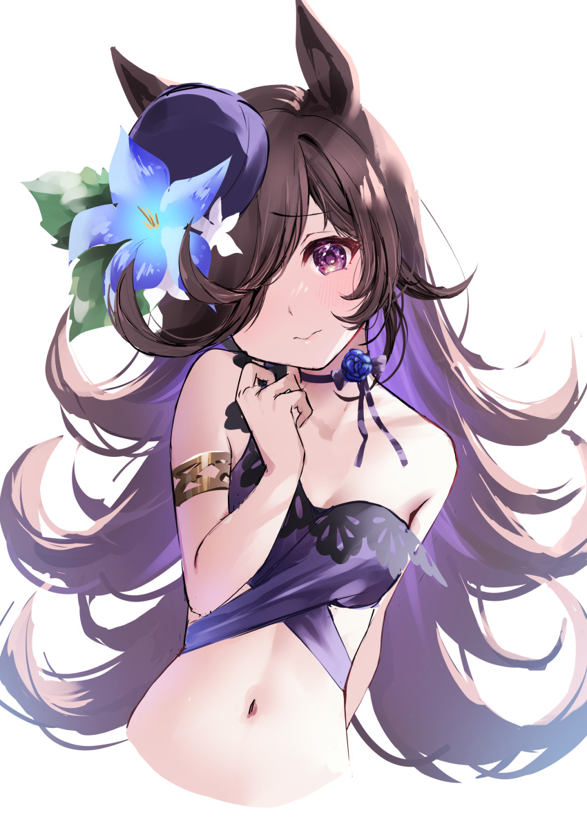 1girl absurdres animal_ears armlet brown_hair commentary_request cropped_torso eyebrows_visible_through_hair flat_chest flower hair_over_one_eye hat hat_flower highres horse_ears horse_girl long_hair looking_at_viewer mini_hat misekiss navel neck_ribbon ribbon rice_shower_(umamusume) solo swimsuit umamusume violet_eyes white_background