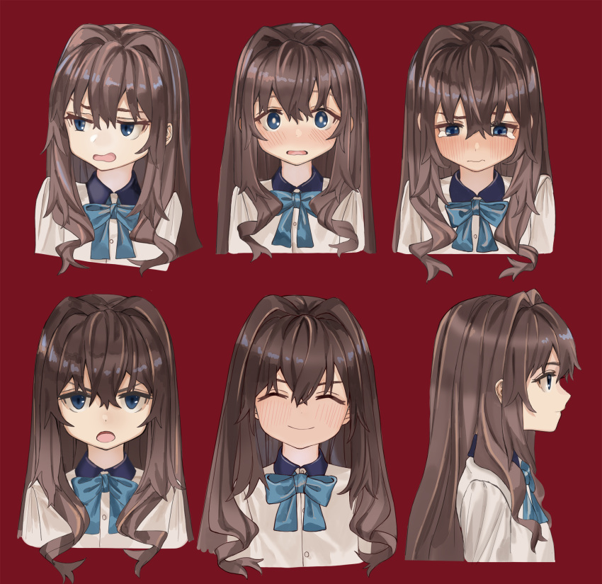 1girl blue_bow blue_eyes blue_neckwear blush bow bowtie brown_hair closed_mouth collared_shirt elisia_valfelto expressions facing_viewer hair_between_eyes hair_intakes highres long_hair luicent open_mouth original profile red_background shirt simple_background smile solo tears white_shirt wide-eyed