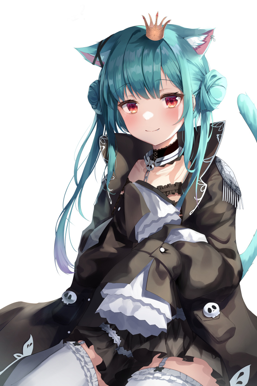 1girl absurdres animal_ears aqua_hair asymmetrical_hair black_coat black_dress blush cat_ears cat_girl cat_tail chain choker closed_mouth coat commentary crown double_bun dress ear_piercing ear_ribbon english_commentary epaulettes extra_ears frilled_dress frilled_legwear frilled_straps frills garter_straps gradient_hair highres hololive kimae lace lace_choker looking_at_viewer mini_crown multicolored_hair open_clothes open_coat piercing pink_hair popped_collar red_eyes short_dress short_sleeves simple_background sitting sleeves_past_fingers sleeves_past_wrists smile solo tail thigh-highs tilted_headwear twintails uneven_twintails uruha_rushia virtual_youtuber white_background white_garter_straps white_legwear