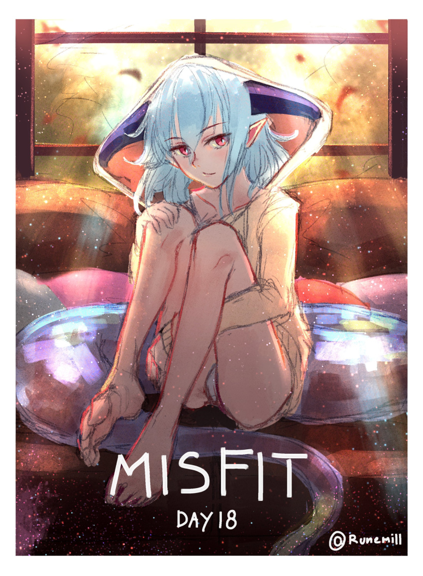 1girl absurdres blue_hair border closed_mouth commentary english_commentary highres horns long_sleeves long_tail looking_at_viewer medium_hair panties pointy_ears red_eyes runemill shadowverse sitting solo sweater tail twitter_username underwear white_border white_panties whitefrost_dragonewt_filene yellow_sweater