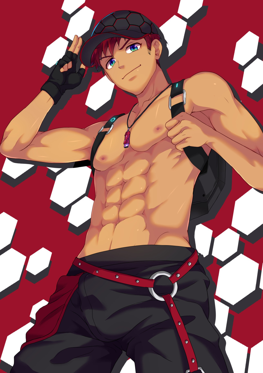 1boy abs absurdres backpack bag baseball_cap black_gloves black_pants blue_eyes camp_buddy closed_mouth fingerless_gloves gloves hat highres jewelry looking_at_viewer male_focus mikkoukun navel necklace nipples pants redhead rex_(camp_buddy) shirtless short_hair single_glove smile solo toned toned_male