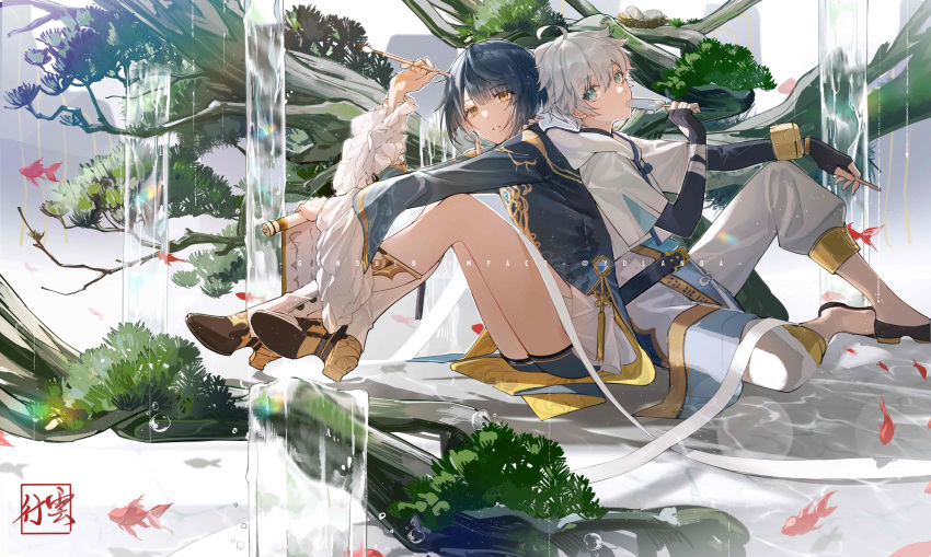 2boys absurdres blue_hair branch bubble chongyun_(genshin_impact) fish food frilled_sleeves frills genshin_impact highres light_blue_hair looking_at_viewer multiple_boys popsicle popsicle_stick sitting tree vision_(genshin_impact) water xingqiu_(genshin_impact) yellow_eyes yolanda