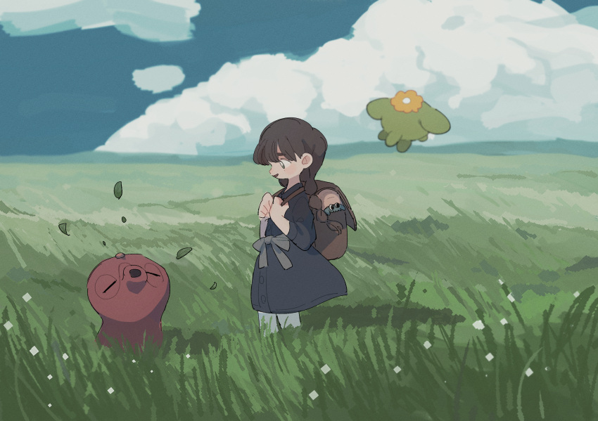 1girl alternate_hairstyle backpack bag bangs black_dress braid braided_ponytail brown_bag brown_hair buttons clouds commentary_request day dress gen_1_pokemon gen_2_pokemon gloria_(pokemon) grass hands_up highres holding_strap in_bag in_container leaves_in_wind long_hair looking_down nodori710 octillery omanyte outdoors pantyhose pokemon pokemon_(creature) pokemon_(game) pokemon_swsh skiploom sky standing white_legwear