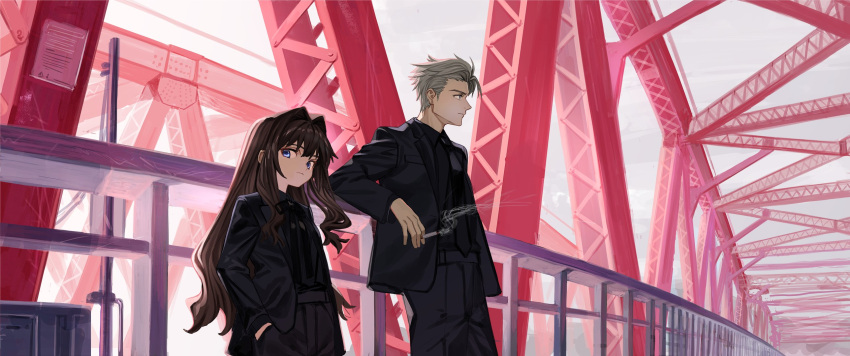 1boy 1girl black_jacket black_neckwear black_pants black_ribbon blue_eyes bridge brown_hair business_suit closed_mouth commentary elisia_valfelto english_commentary formal grey_eyes grey_hair hair_intakes hands_in_pockets height_difference highres jacket long_hair looking_at_viewer luicent neck_ribbon necktie nicolas_(luicent) open_clothes open_jacket original outdoors pant_suit pants ribbon suit